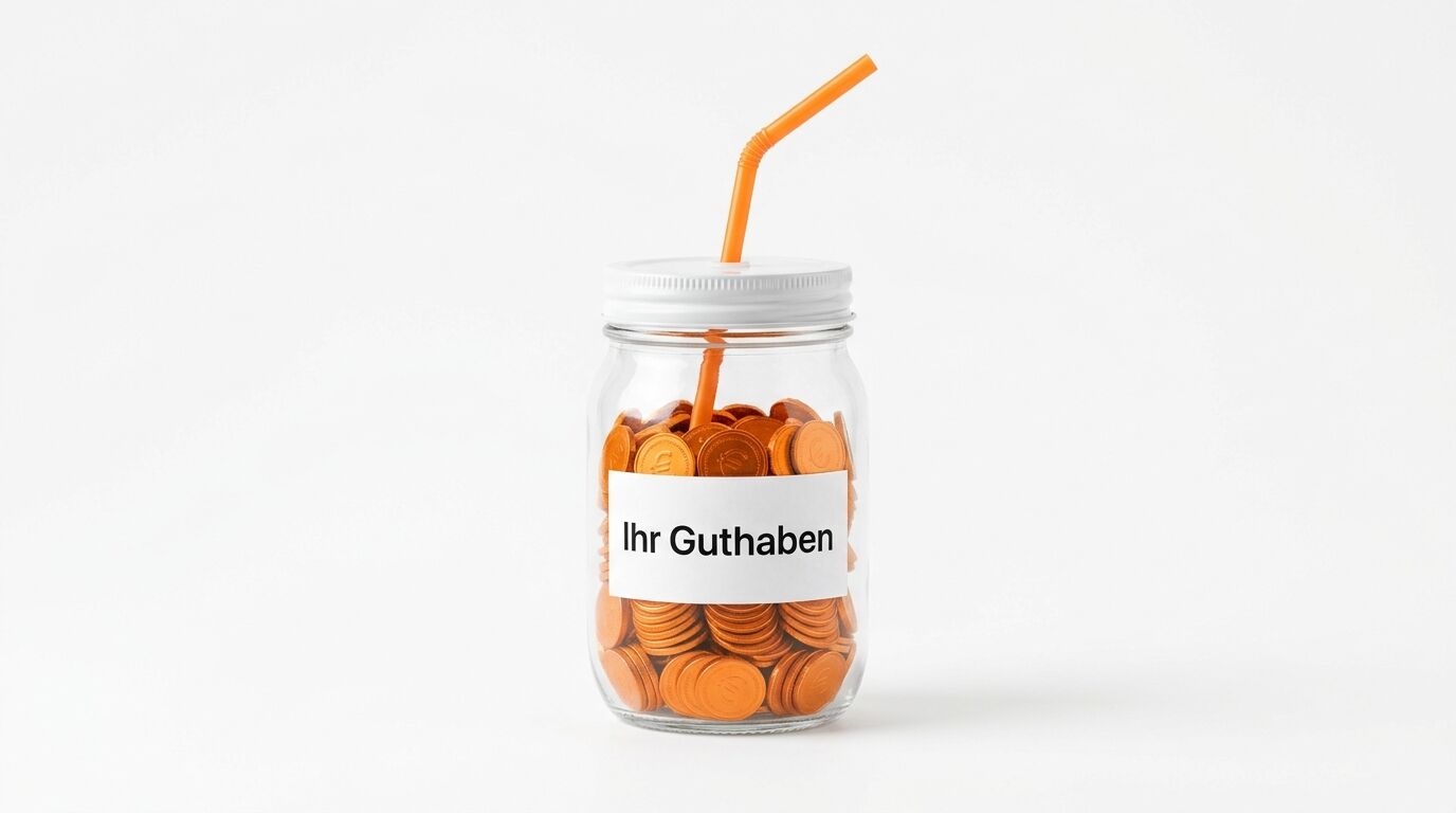 Glas mit orangen Münzen und Strohhalm, Etikett „Ihr Guthaben“