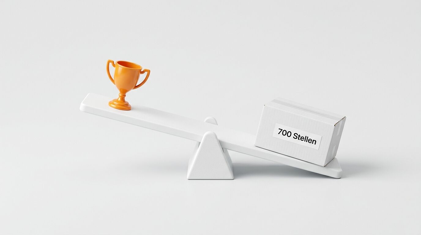 Eine Waage mit Pokal links und einem Karton 