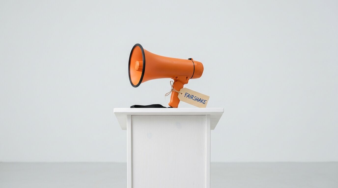 Oranges Megafon auf weißem Podest mit Schild „FAIRSHAKE“ vor weißem Hintergrund
