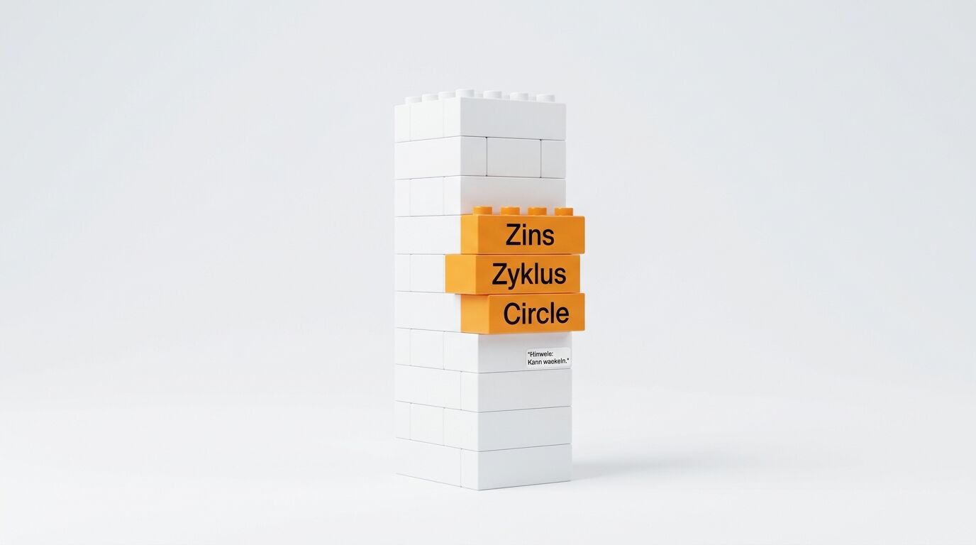 Ein weißer Klemmbausteinturm mit drei orangefarbenen Steinen, auf denen 