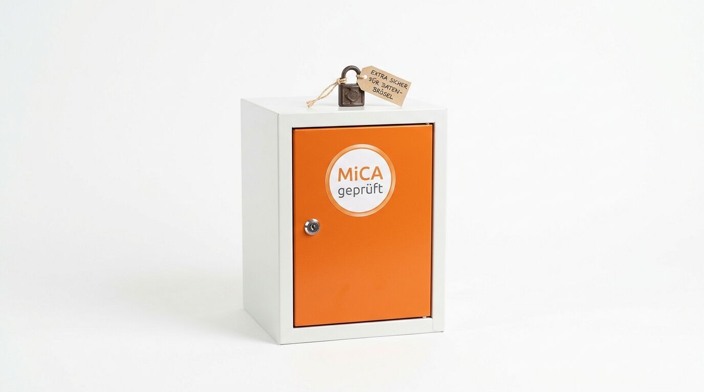 Weißer Metallspind mit orangefarbener Tür und Vorhängeschloss, 'MiCA geprüft'-Aufkleber