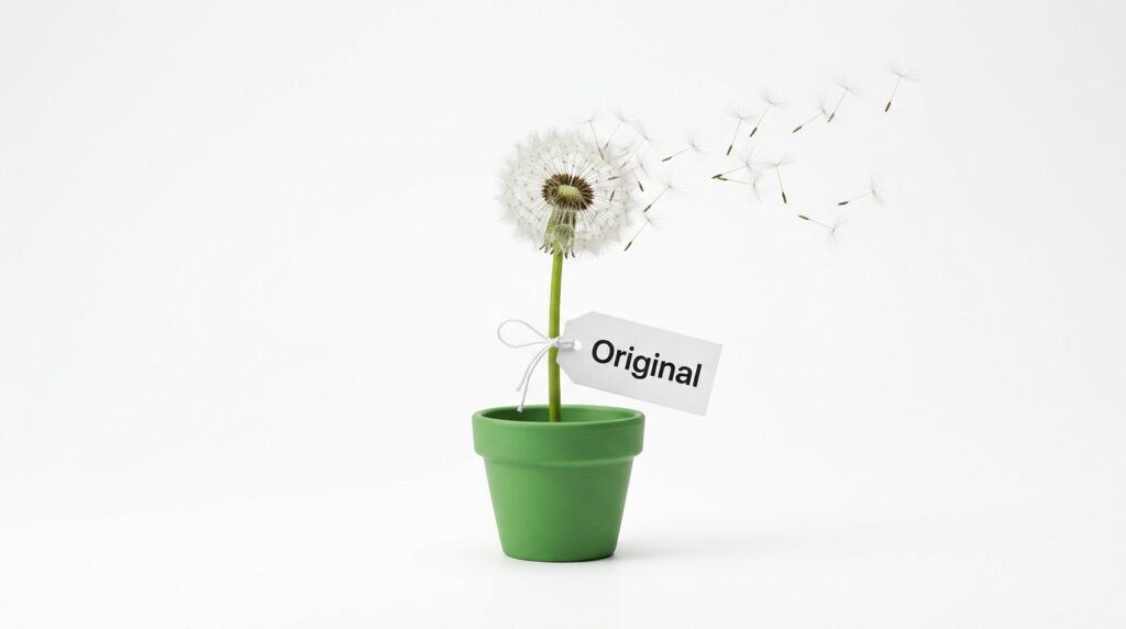 Content Syndication: Pusteblume in grünem Topf, deren Samen davonschweben, mit Etikett „Original“ am Stiel