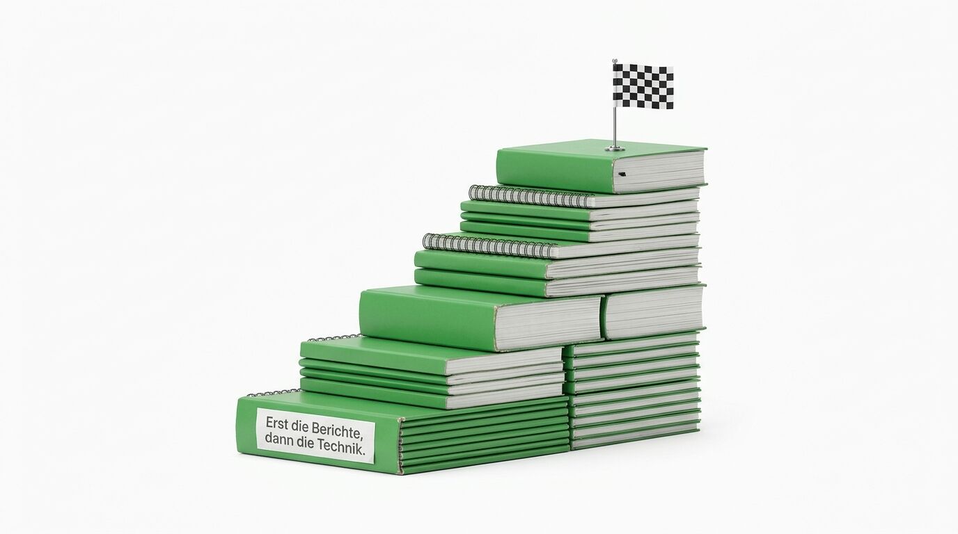 Stapel grüner Bücher in Treppenform mit Checkered Flag oben. Auf dem untersten Buch steht "Erst die Berichte, dann die Technik"