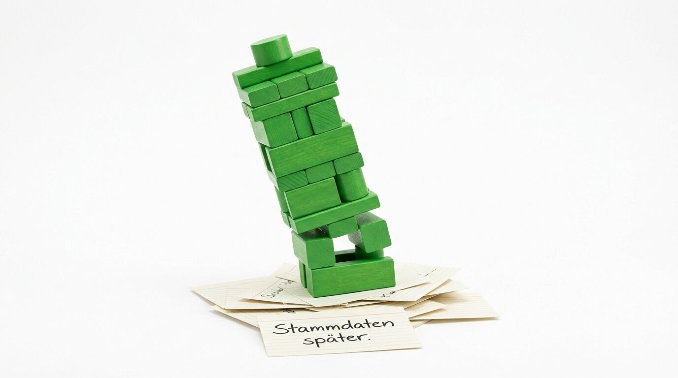 Grüne Holzbausteine stehen unstabil übereinander. Darunter liegen Notizzettel mit der Aufschrift "Stammdaten spätter"