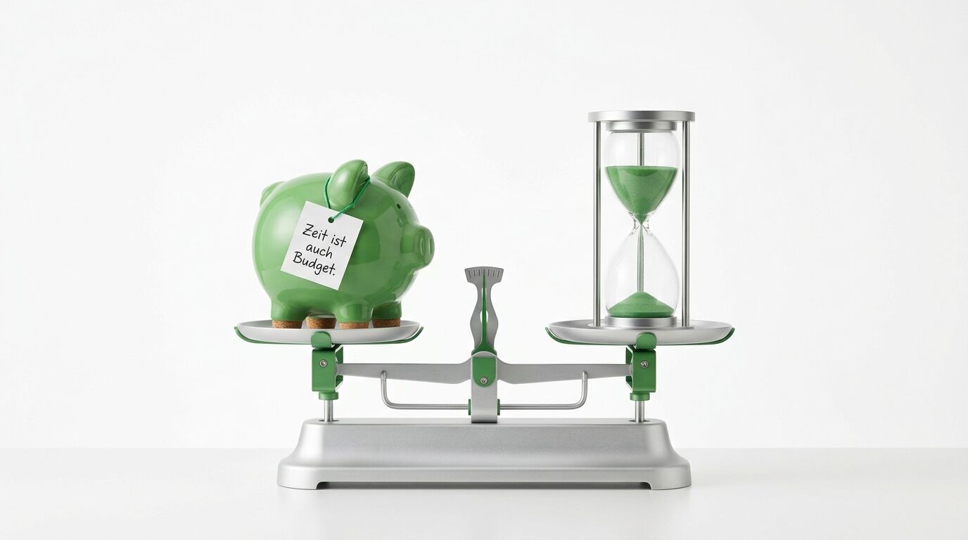 Eine grüne Waage mit einem Sparschwein auf der linken und einer Sanduhr auf der rechten Seite, symbolisiert Zeit und Budget