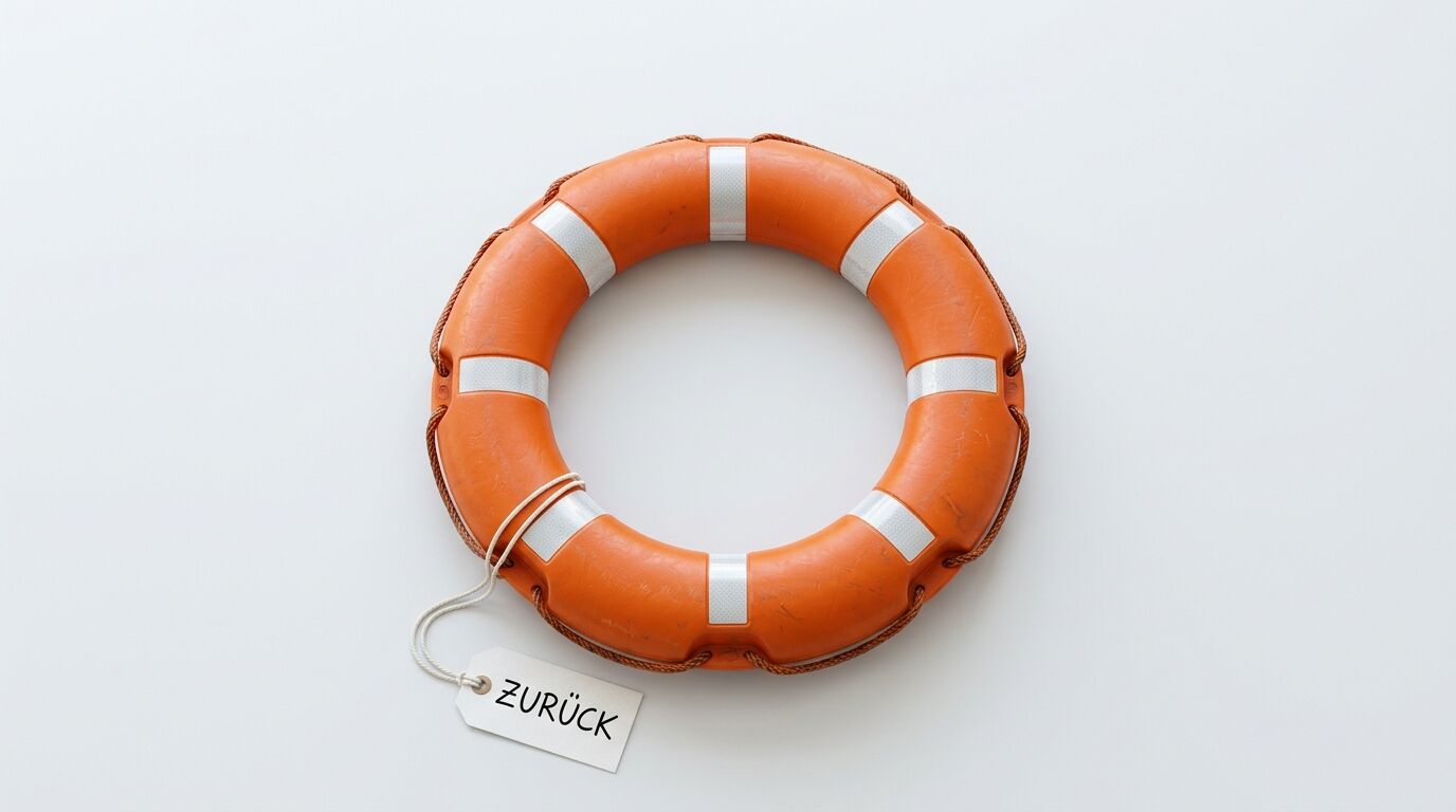 Oranger Rettungsring mit Halteleine und einem Textanhänger, auf dem „ZURÜCK“ steht