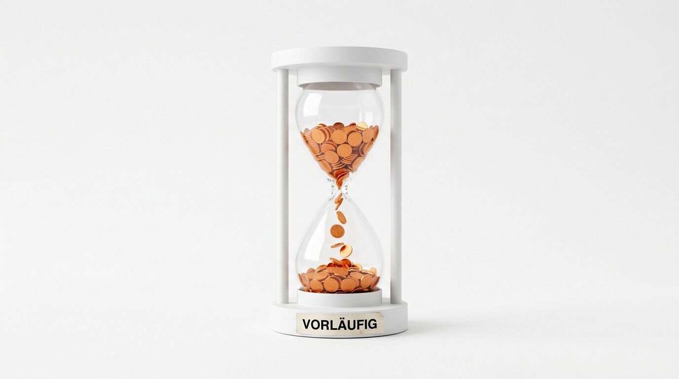 Weiße Sanduhr, gefüllt mit fallenden Kupfermünzen, steht auf dem Schild „VORLÄUFIG“