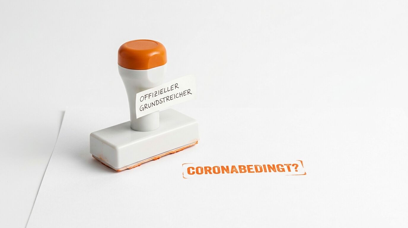 Stempel mit Etikett und oranger Abdruck „CORONABEDINGT?“ auf weißem Papier