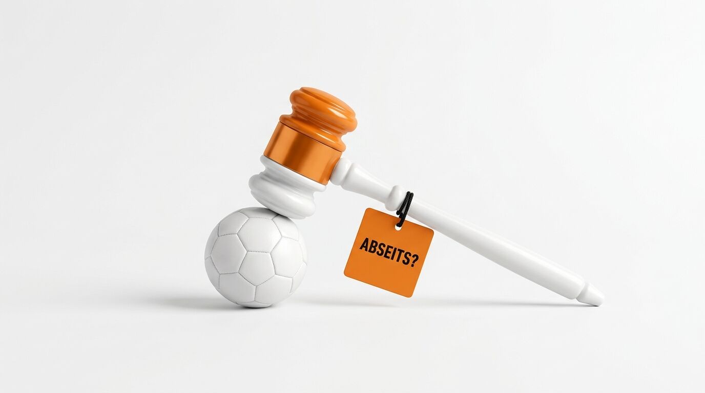 Ein Richterhammer ruht auf einem Fußball mit einem Etikett, auf dem „ABSEITS?“ steht