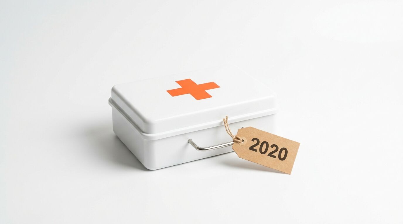 Ein weißer Verbandskasten mit rotem Kreuz und einem Etikett, auf dem 2020 steht