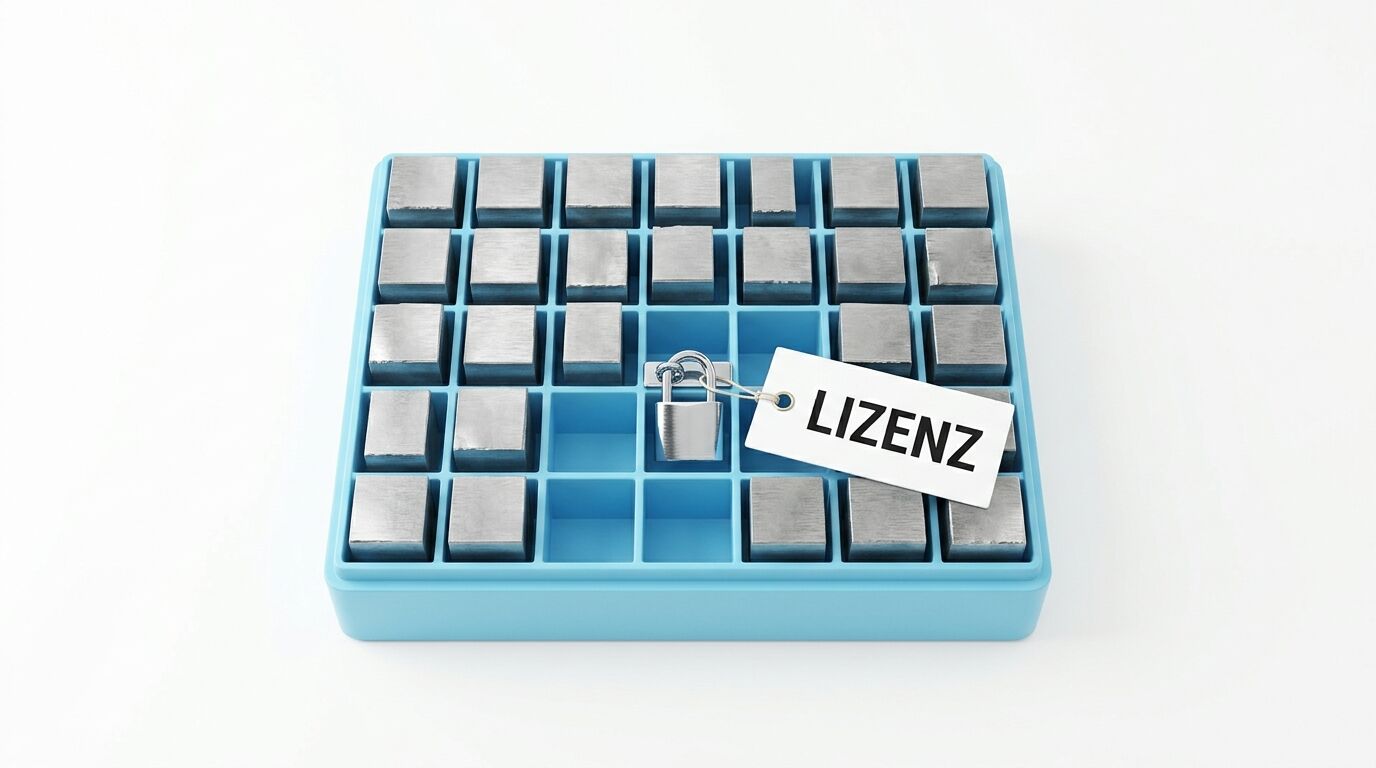 Blaue Box mit Metallwürfeln, Vorhängeschloss und Schild „LIZENZ“ auf weißem Hintergrund