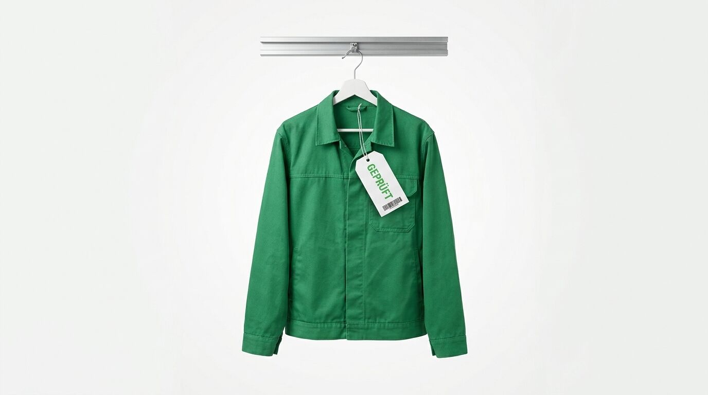 Hängende grüne Arbeitsjacke mit „GEPRÜFT“-Schild auf weißem Hintergrund