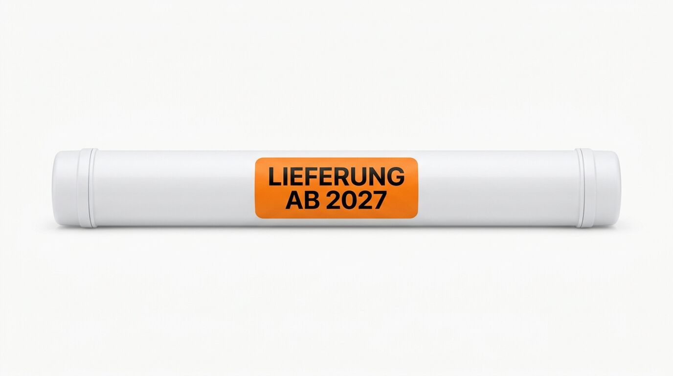 Weißes Rohr mit orangefarbenem Aufkleber: „LIEFERUNG AB 2027“ in Schwarz