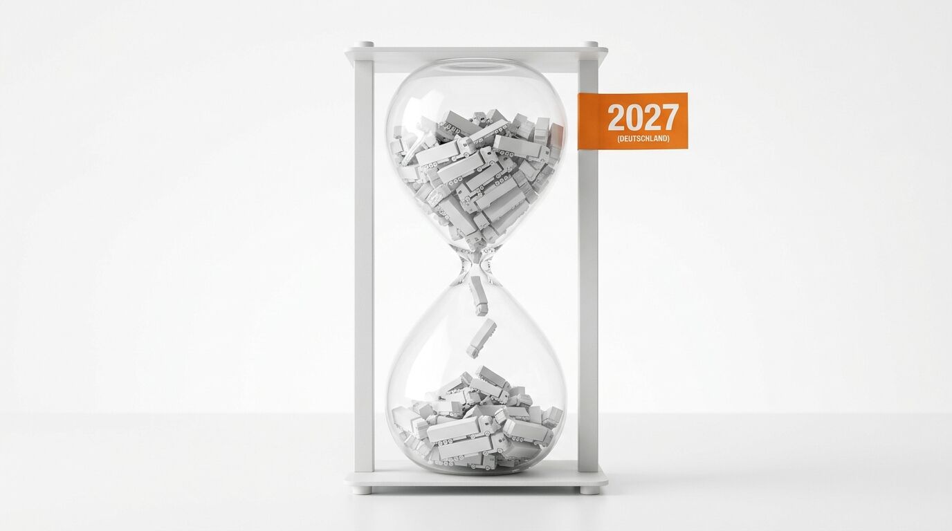 Sanduhr mit Miniatur-Lkw, die von oben nach unten rieseln, und Fähnchen mit Aufschrift 2027