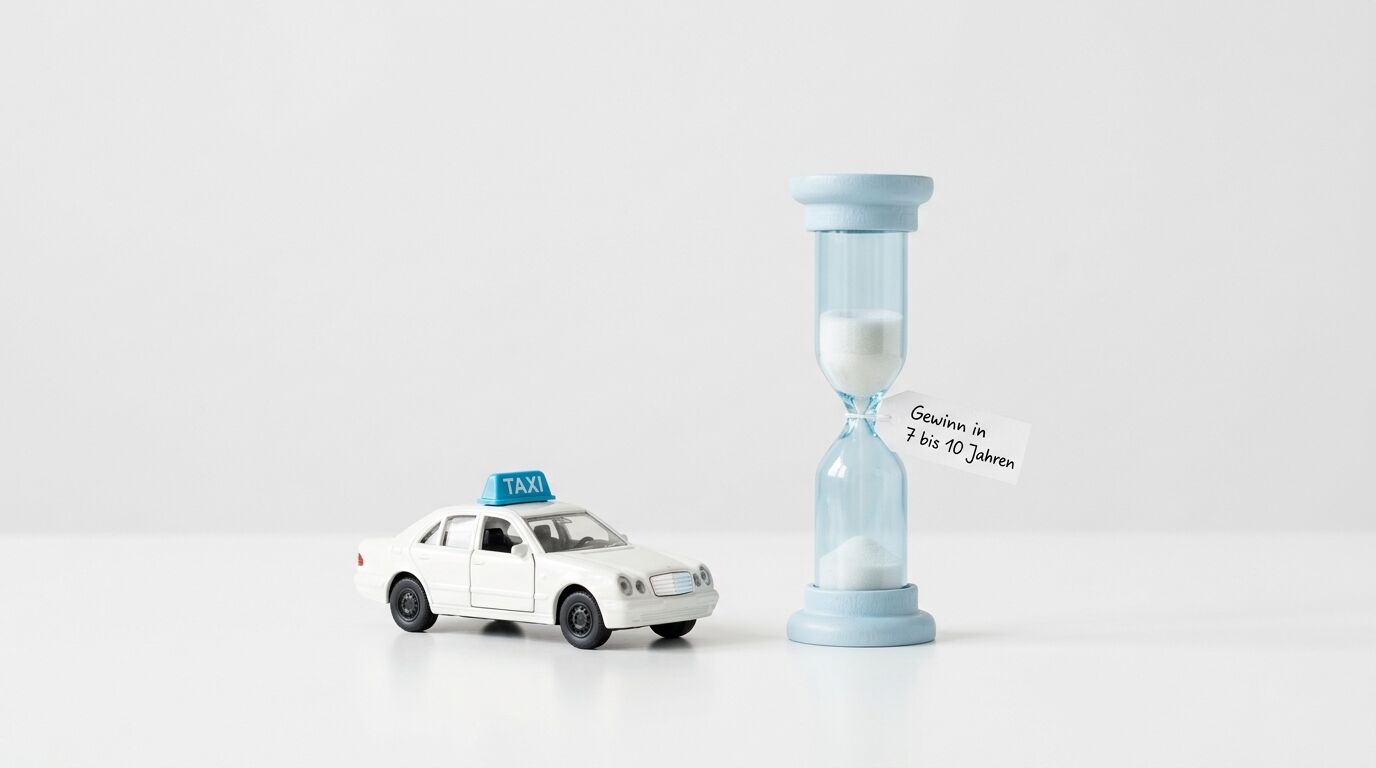 Modell-Taxi und Sanduhr mit Anhänger