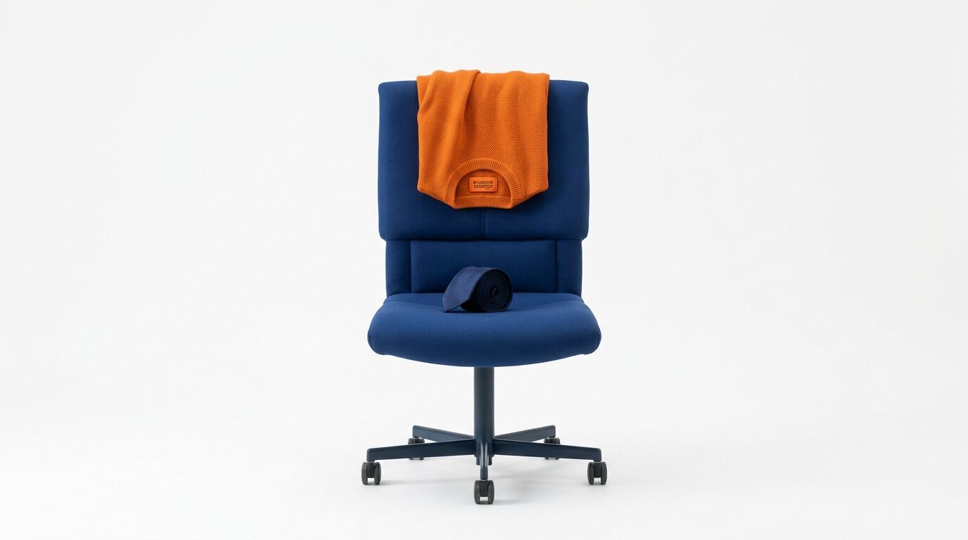 Blauer Bürostuhl mit orangefarbenem Pullover und dunkler Krawatte auf weißem Hintergrund
