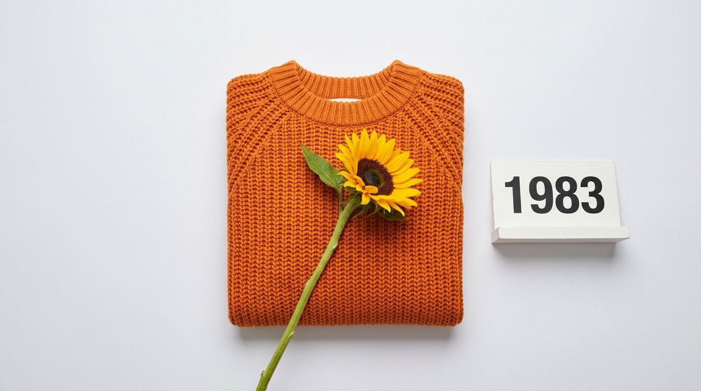Oranger Strickpullover, Sonnenblume und die Zahl 1983 auf weißem Grund