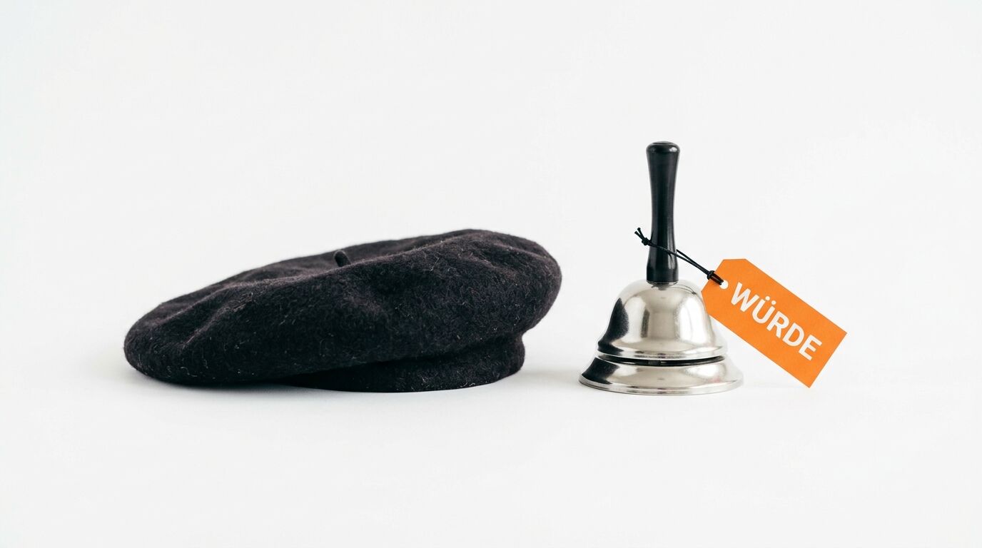 Schwarze Baskenmütze neben Handglocke mit orangem Anhänger „WÜRDE“