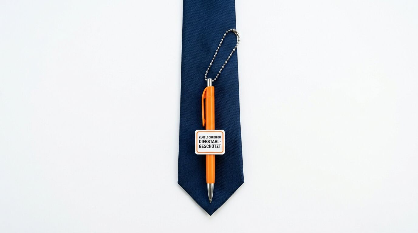 Schlip mit orangefarbenem Kugelschreiber, diebstahlgeschützt, vor weißem Hintergrund