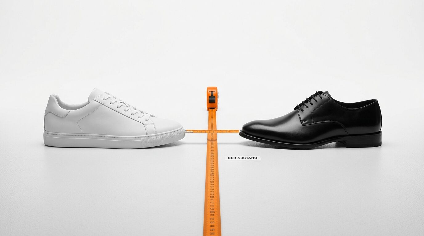 Weißer Sneaker, schwarzer Schuh, Maßband dazwischen, Schild „DER ABSTAND“ auf Weiß