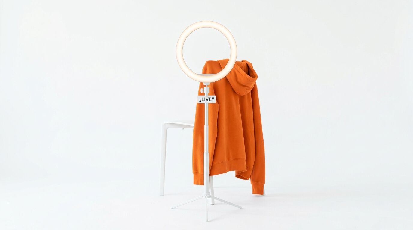 Ein oranger Hoodie an einem weißen Ringlichtständer mit Schild „LIVE“ vor weißem Hintergrund