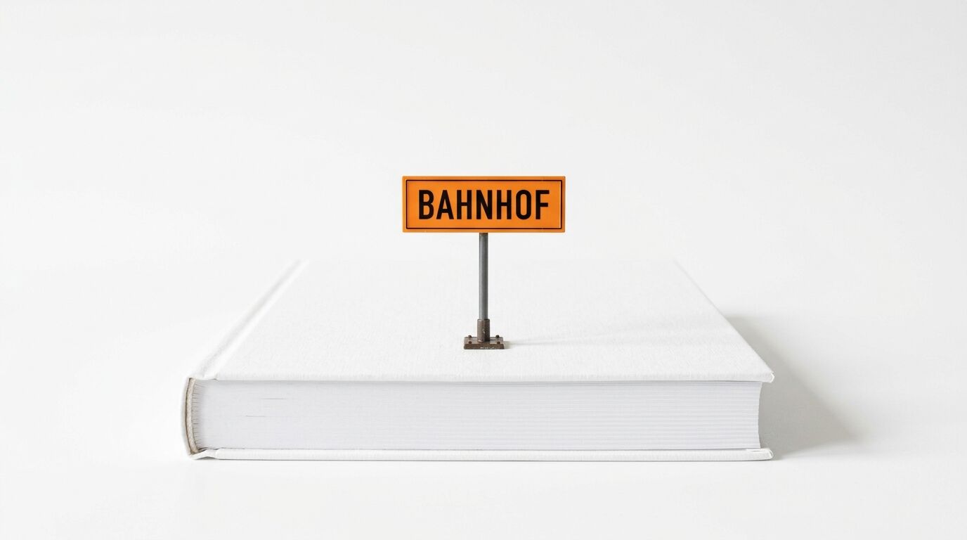 Ein weißes Buch mit einem gelben Miniaturschild „BAHNHOF“ darauf