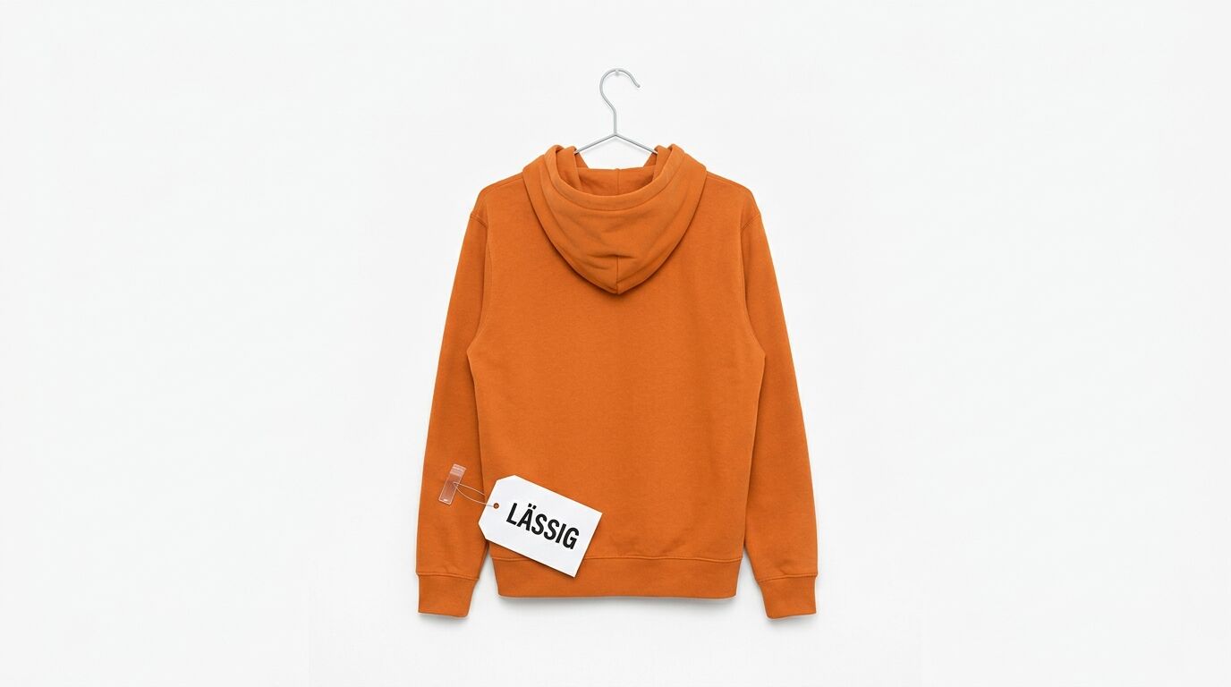 Rückenansicht eines orangefarbenen Kapuzenpullovers am Kleiderbügel mit Etikett „LÄSSIG“