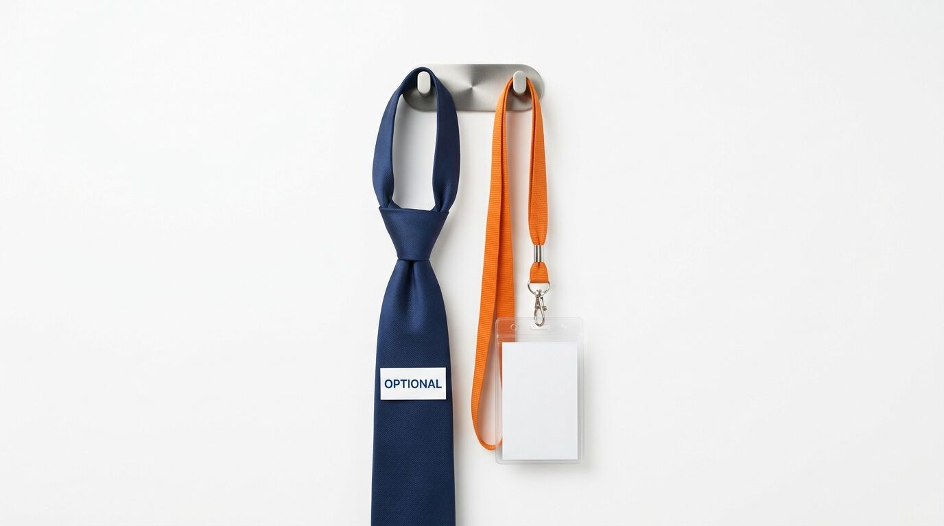 Blaue Krawatte und oranges Schlüsselband mit Ausweis an einem Metallhaken
