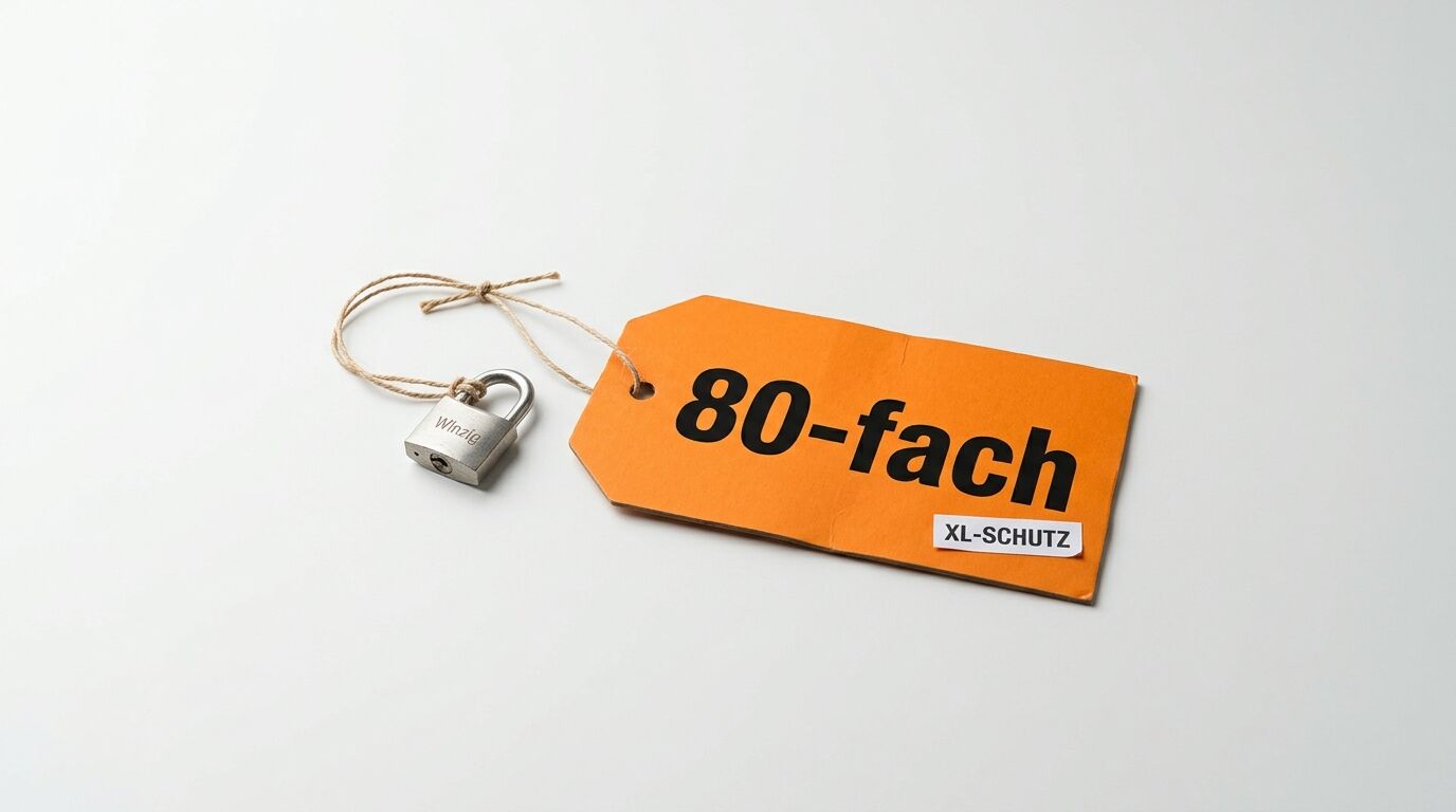 Oranges Schild mit Aufschrift „80-fach“ und Vorhängeschloss „Winzig“ an Schnur auf weißem Grund