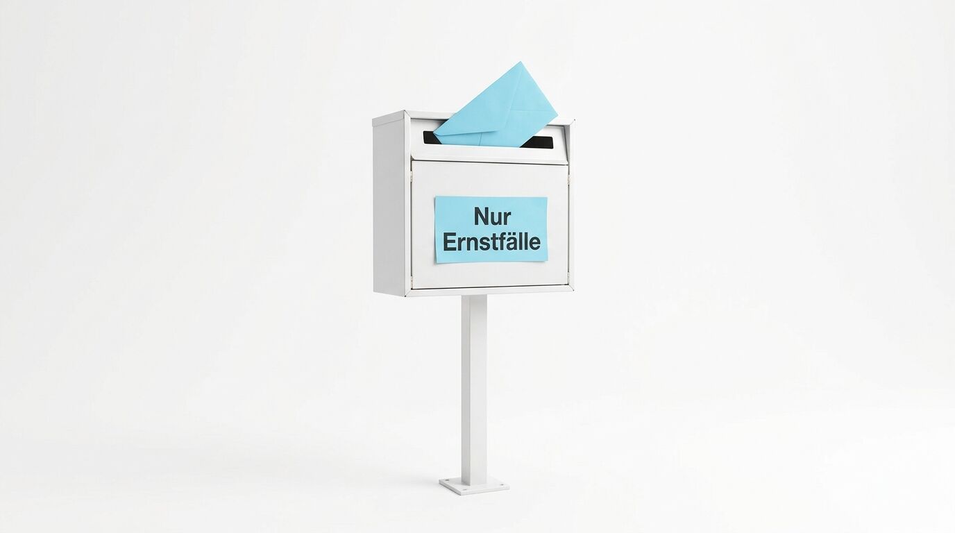 Briefkasten mit blauem Umschlag und Hinweis „Nur Ernstfälle“