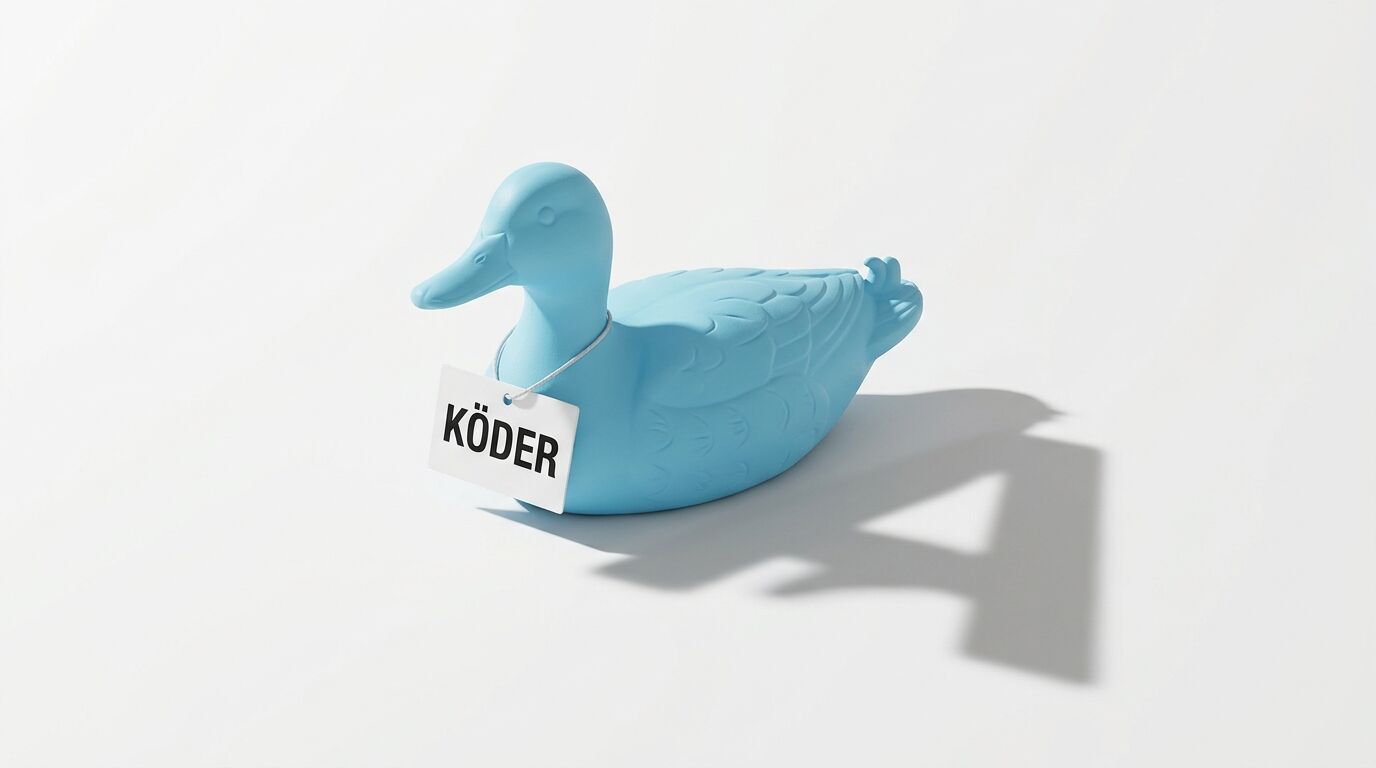 Blaue Lockente mit Schild „KÖDER“ wirft Schatten in Form eines „A“ auf weißem Grund