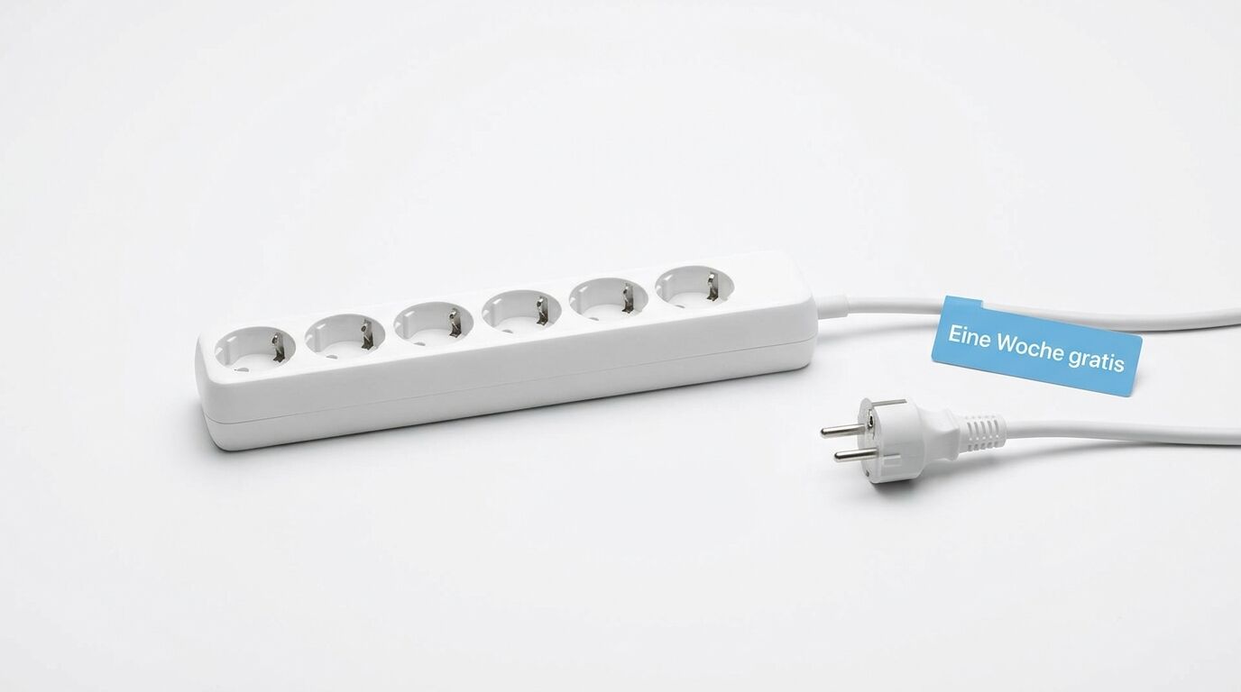 6-fach Steckdosenleiste und Stecker mit „Eine Woche gratis“-Fähnchen auf weißem Grund