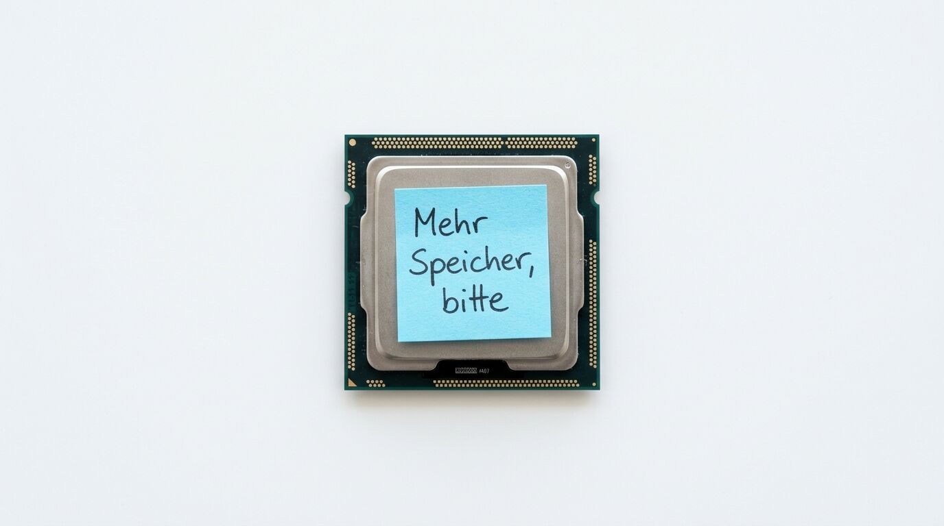 CPU mit hellblauem Klebezettel und Aufschrift „Mehr Speicher, bitte“ auf weißem Hintergrund