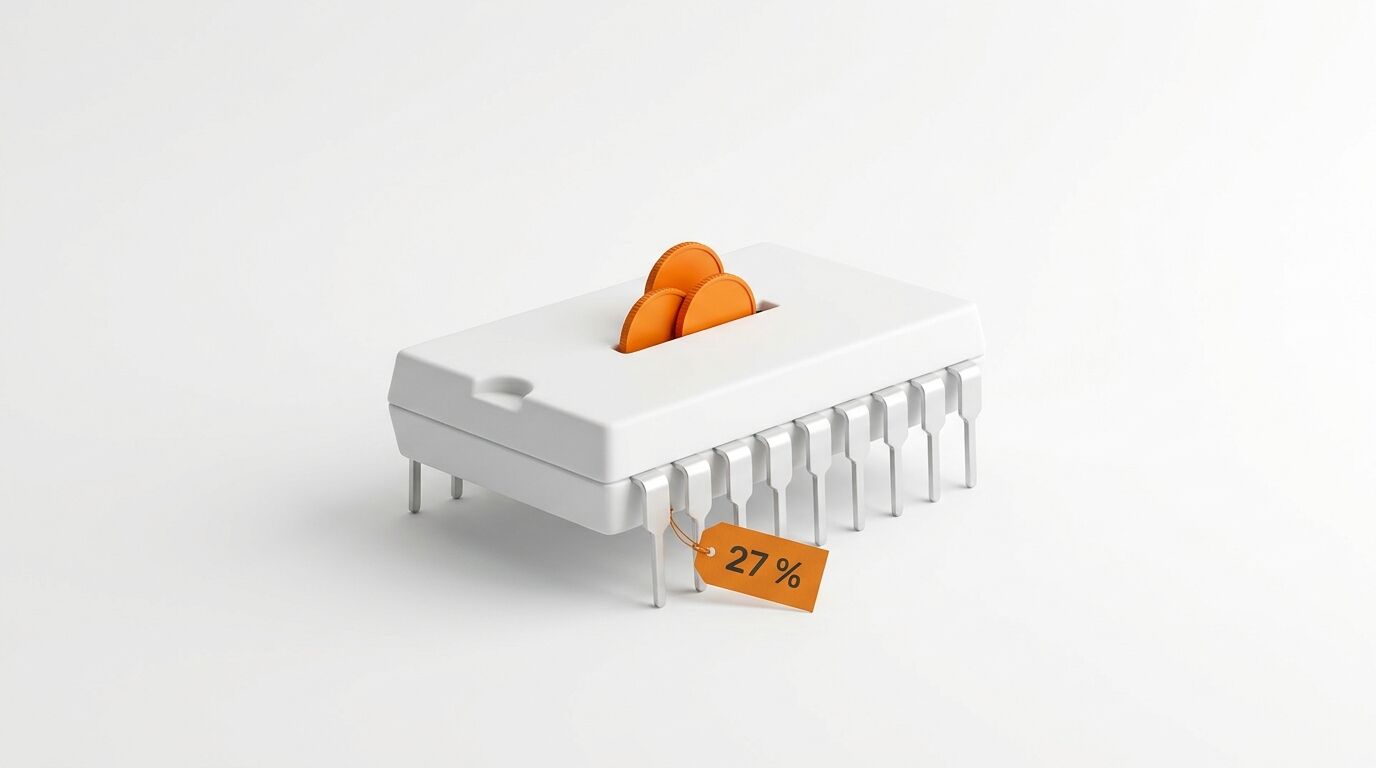 3D-gerendertes weißes DIP-Mikrochip-Sparschwein, orangefarbene Münzen, 27 %-Schild, weißer Hintergrund