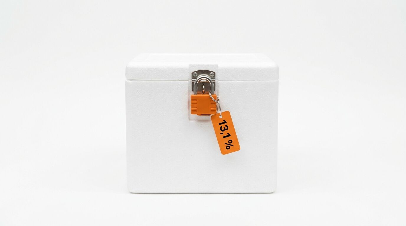 Weiße Styroporbox mit orangefarbenem Schloss und Anhänger mit der Aufschrift „13,1%“