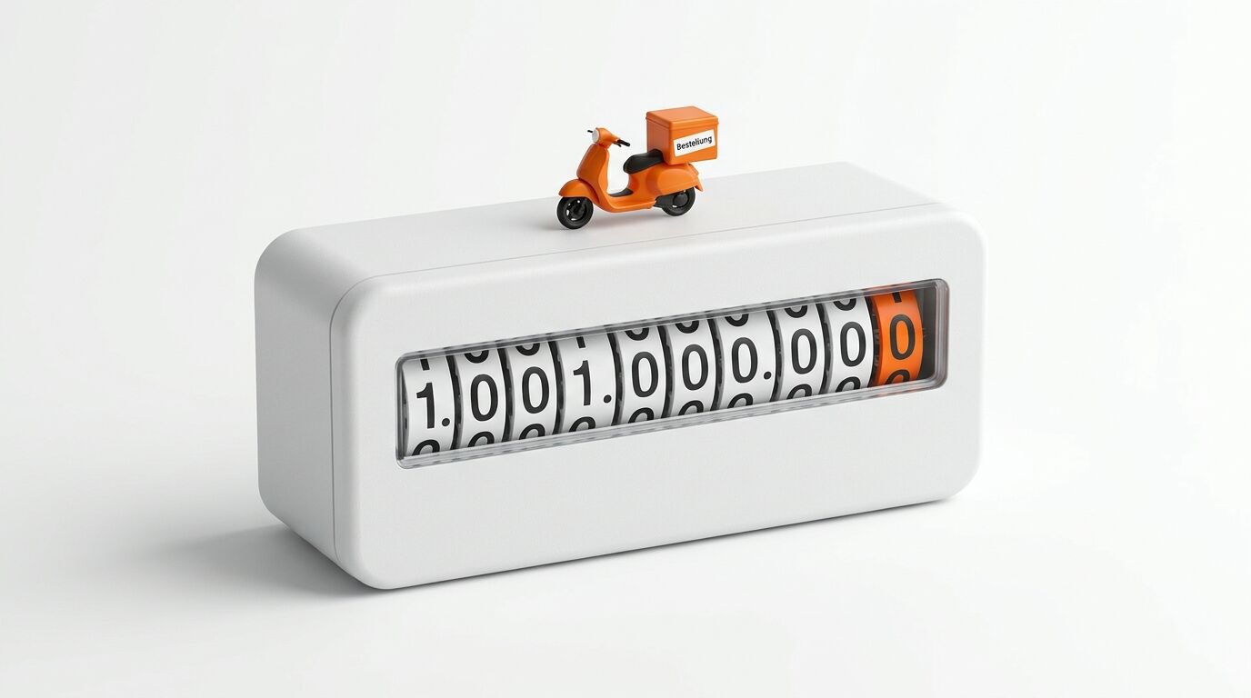 Zähler zeigt eine hohe Zahl, darauf steht ein kleiner orangefarbener Roller mit einer Box