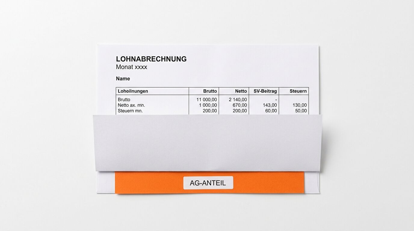 Geöffnete Gehaltsabrechnung in einem Umschlag mit orangefarbenem AG-Anteil-Aufkleber