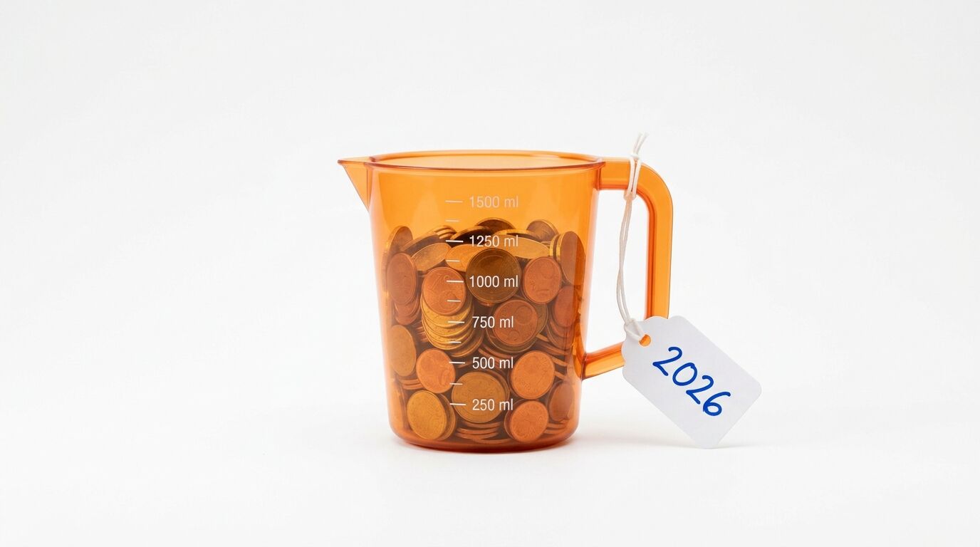 Messbecher mit Münzen und Anhänger