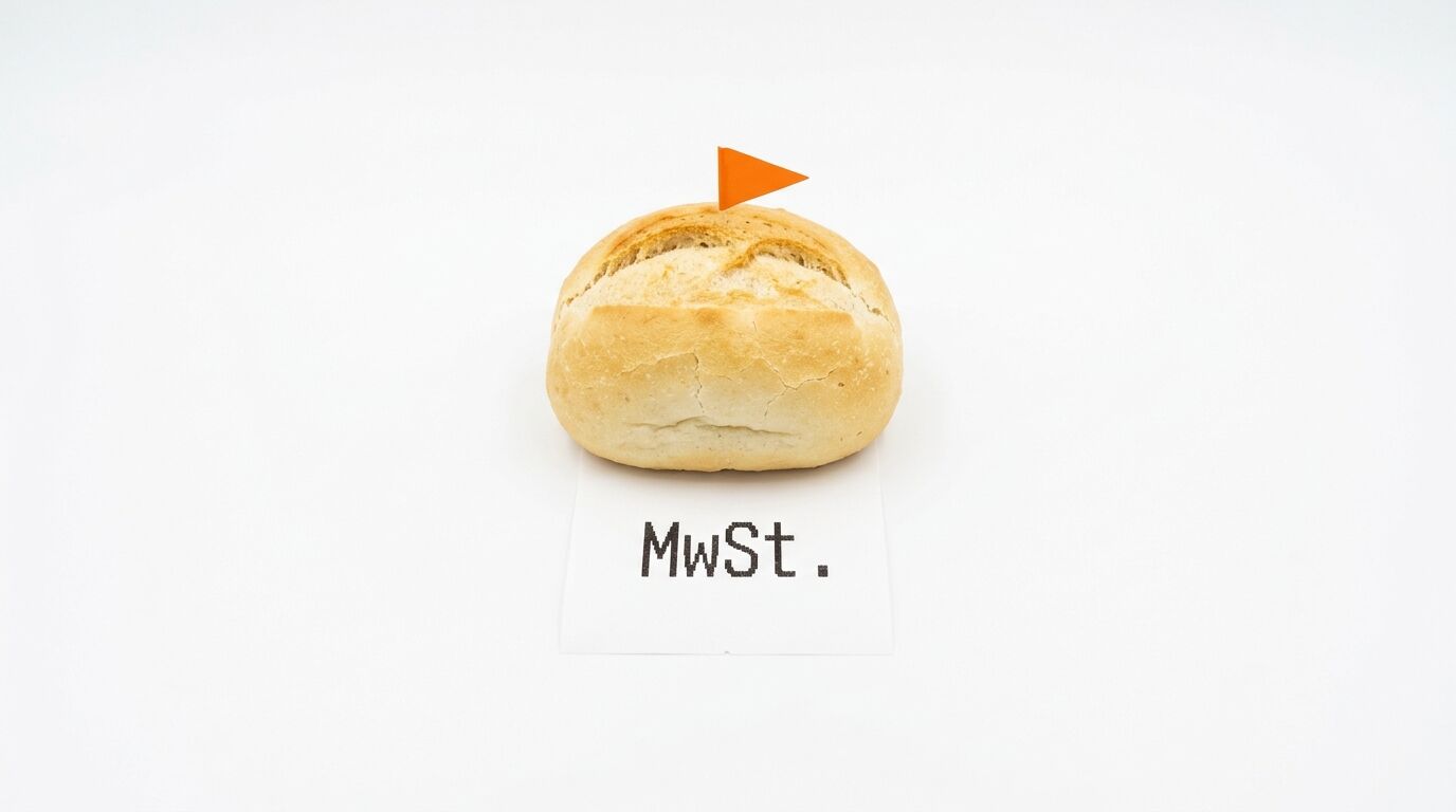 Brötchen mit orangefarbenem Fähnchen und Zettel „MwSt.“ auf weißem Grund