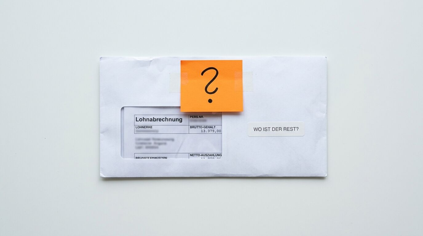 Lohnabrechnung in Briefumschlag mit Fragezeichen-Haftnotiz und Text „WO IST DER REST?“