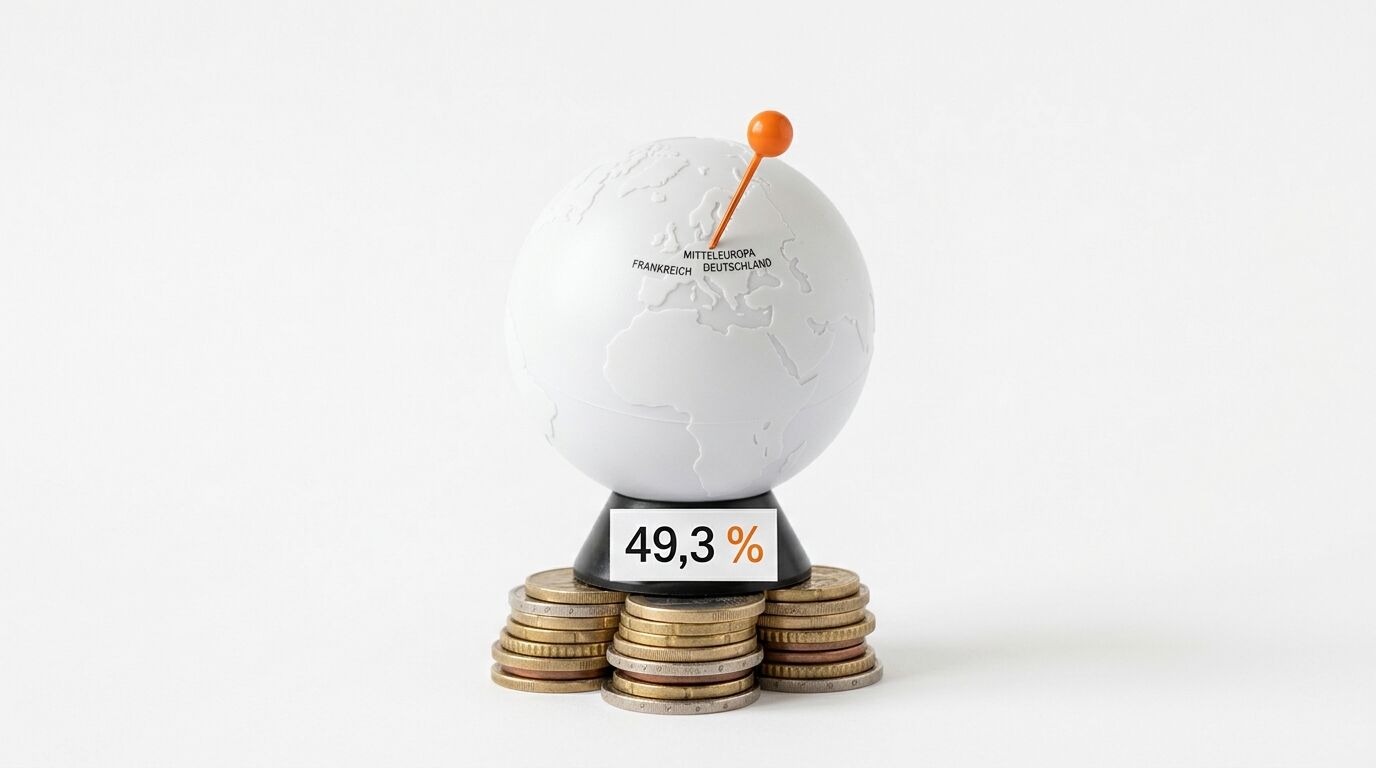 Ein weißer Globus mit Pin auf Münzstapeln, Sockel zeigt 49,3 %