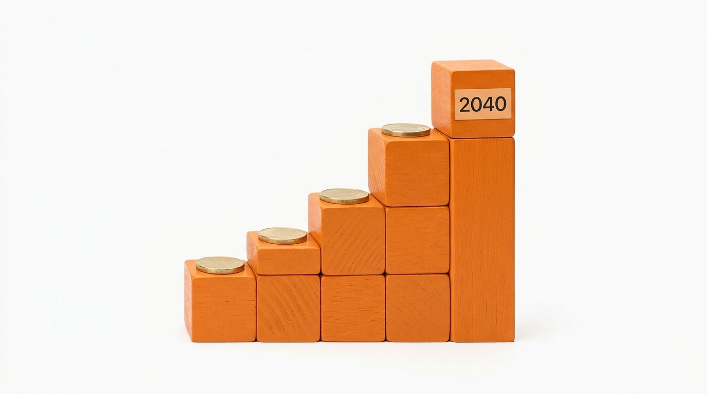 Orangene Holzklötze bilden Treppe mit Münzen. Oberster Klotz zeigt Zahl 2040. Weißer Grund