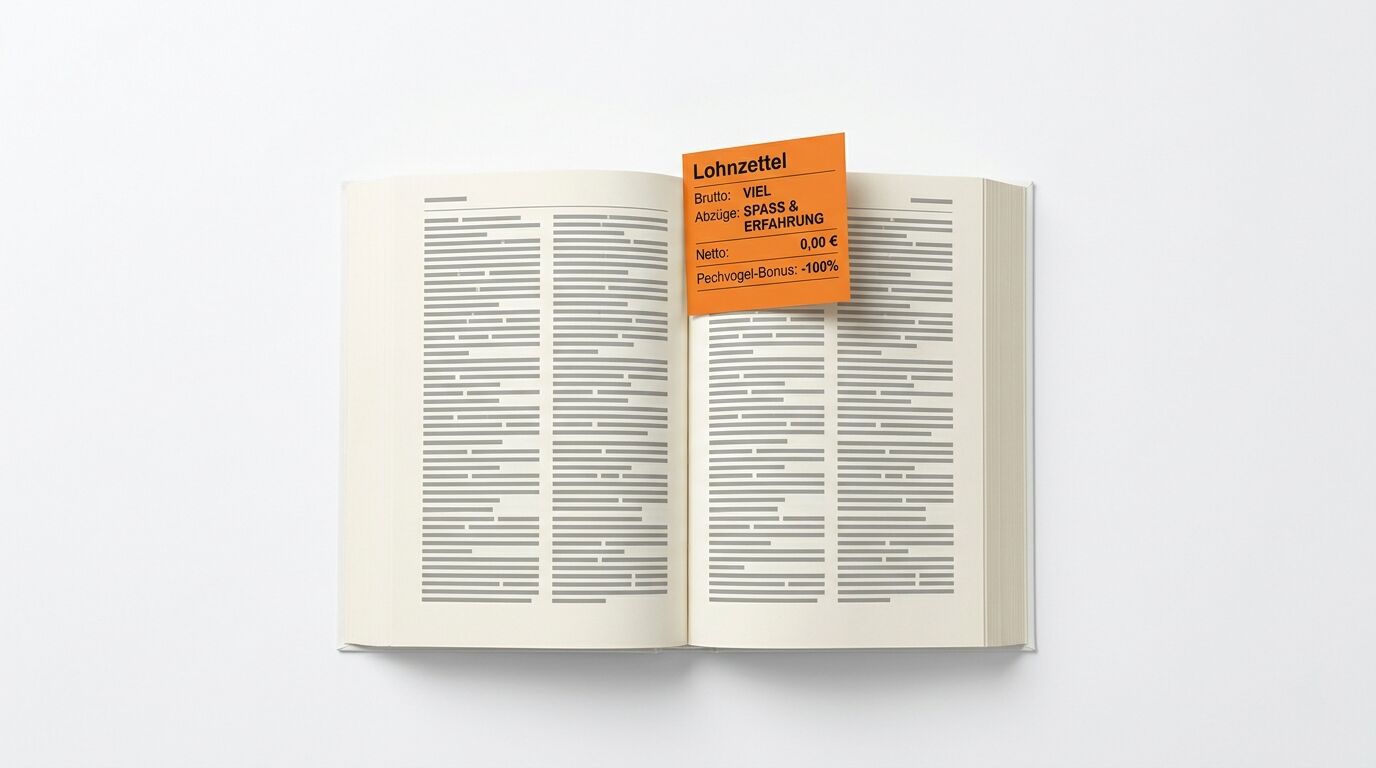 Geöffnetes Buch mit Blindtext, rechter Seite ein oranger „Lohnzettel“-Notizblock