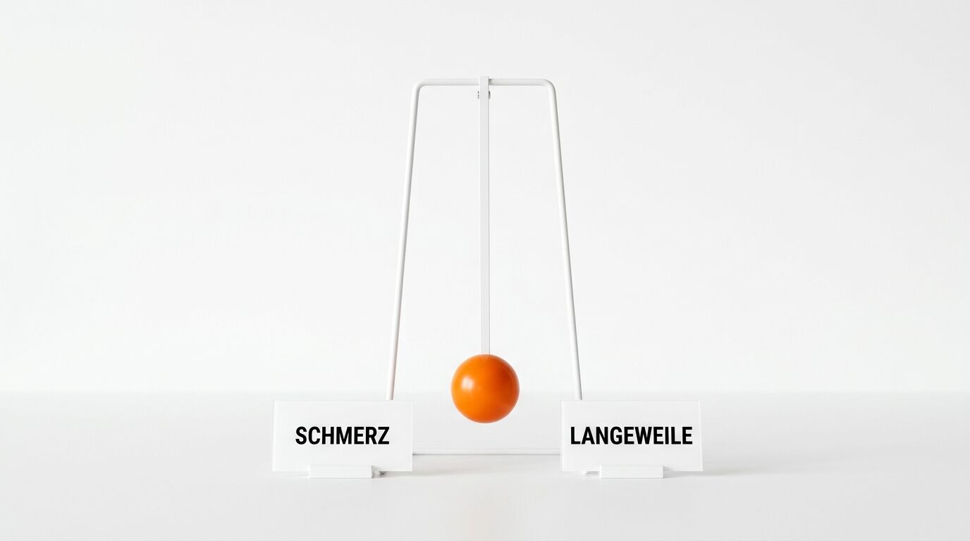 Pendel zwischen Schildern mit Aufschriften „SCHMERZ“ und „LANGEWEILE“ auf weißem Grund