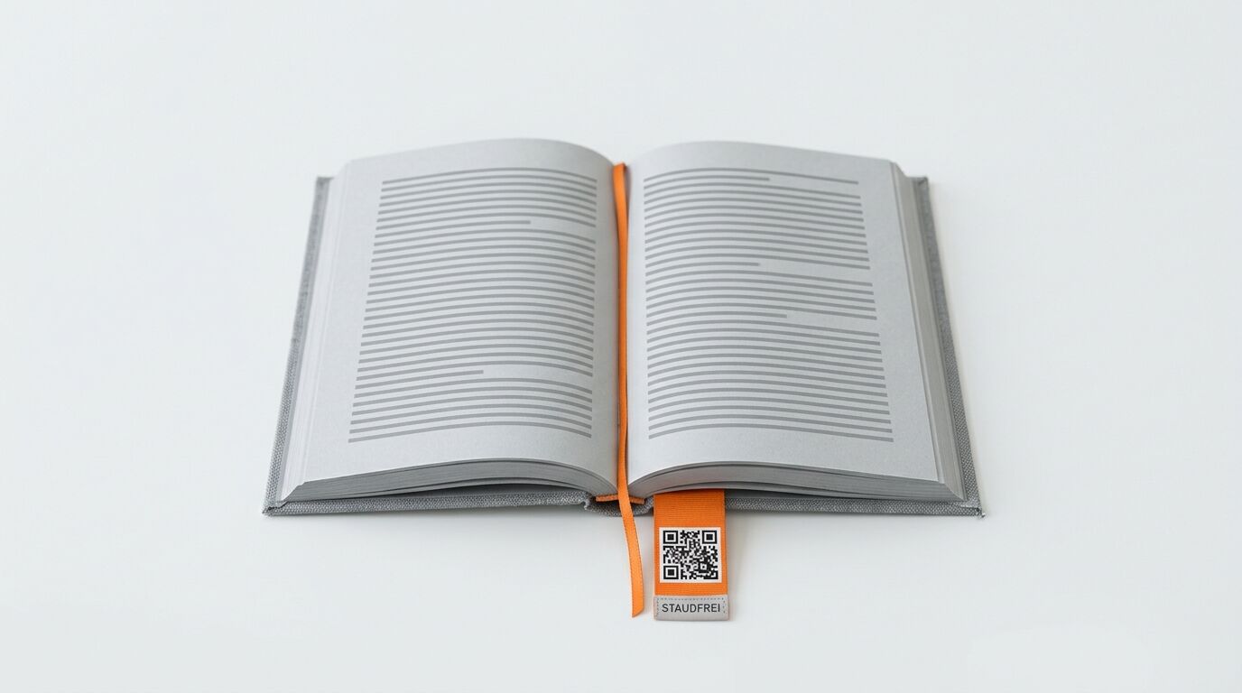 Ein offenes graues Buch mit grauem Text, orangefarbenem Lesezeichenband und QR-Code-Etikett