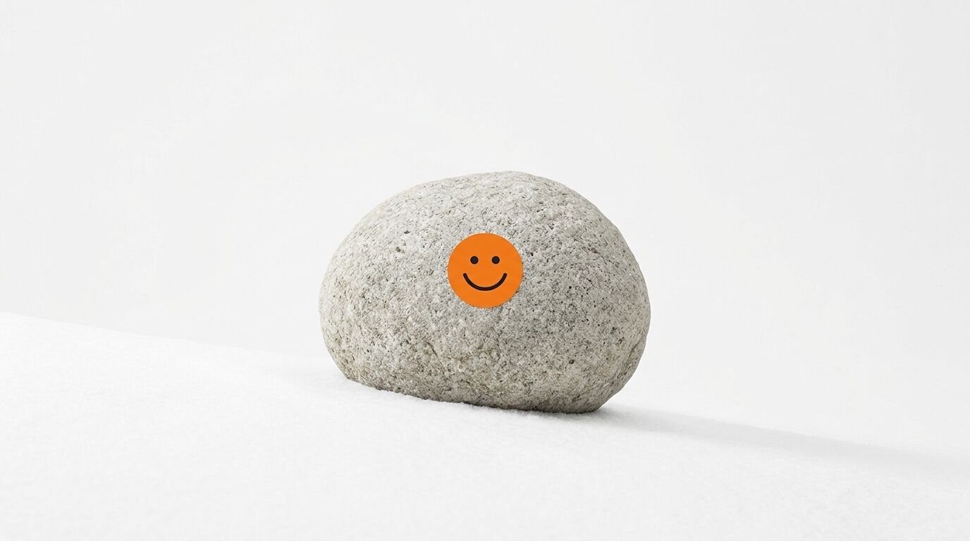 Grauer, runder Stein auf weißem Grund mit orangefarbenem Smiley-Aufkleber