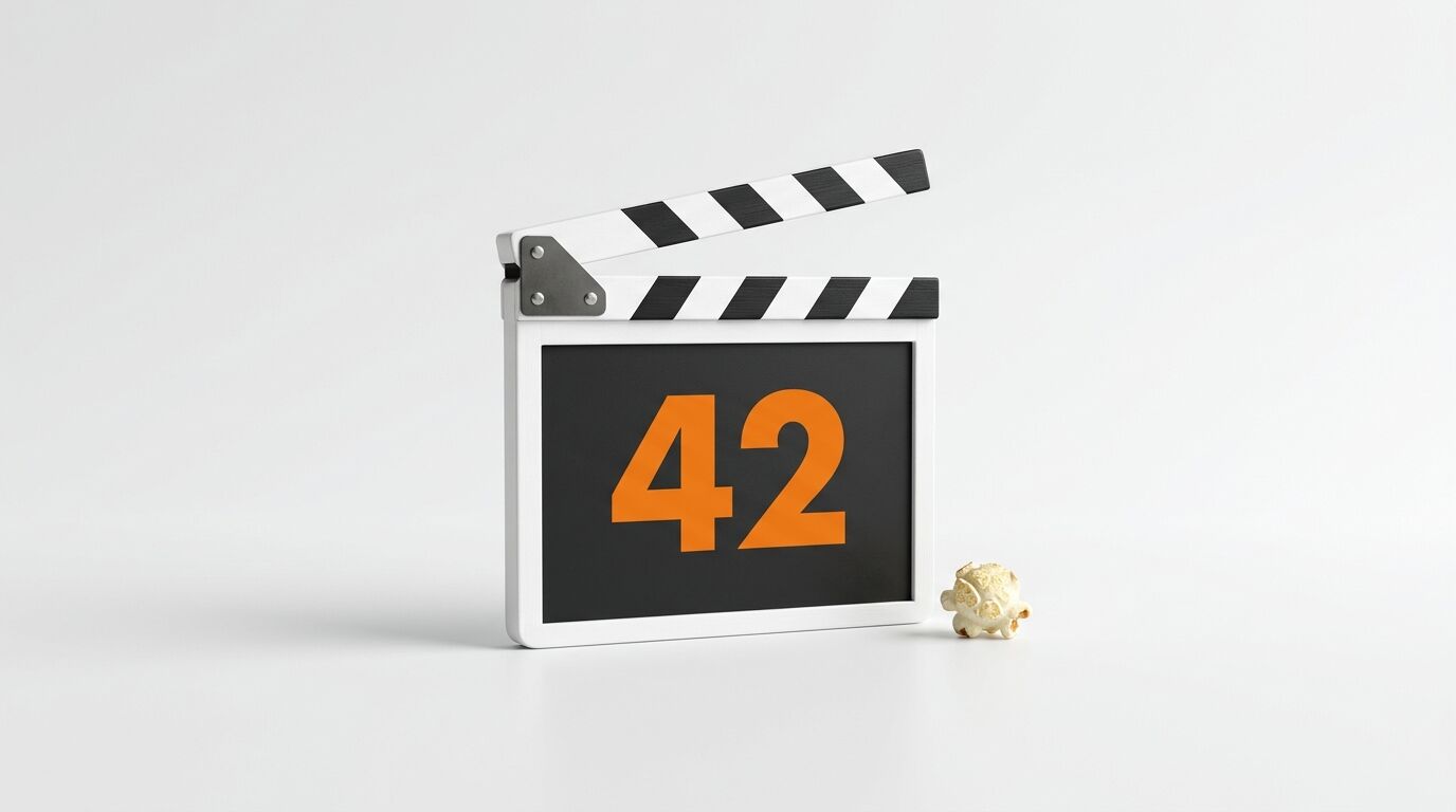 Filmklappe mit oranger Zahl 42 und Popcorn
