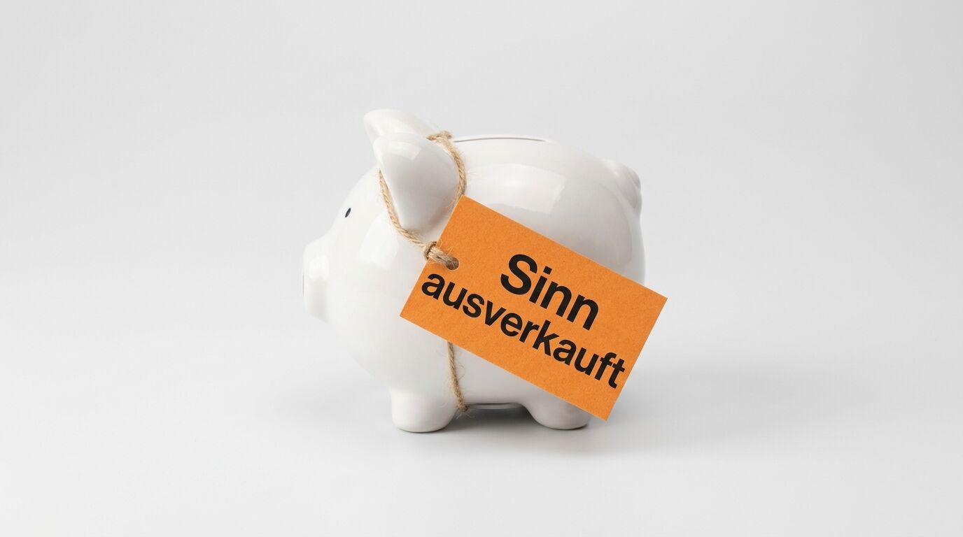 Sparschwein mit orangerotem Etikett und Text „Sinn ausverkauft“