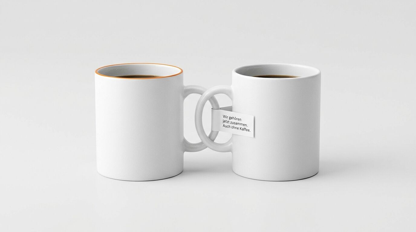 Zwei Kaffeetassen mit verflochtenen Henkeln und Notiz auf grauem Hintergrund