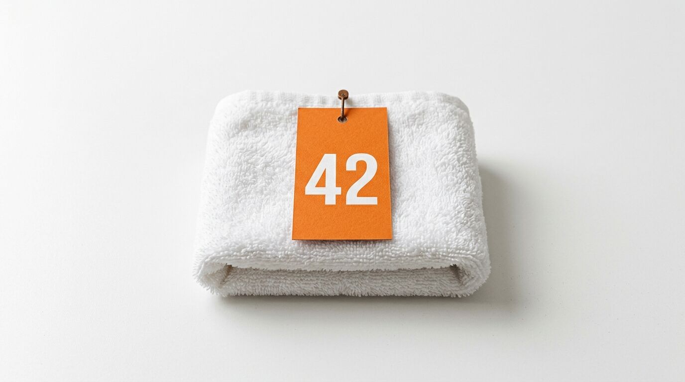 Weißes Handtuch mit orangefarbenem Anhänger und Zahl 42 auf hellem Hintergrund